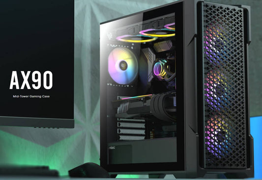 Antec AX90 ATX, 2x 360mm Radiator Support, 4x ARGB 12CM Fans 3x Front & 1x Rear included. RGB controller for six fans. Mesh Tempered Glass Case (LS)
