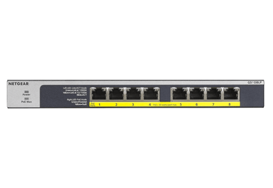 NETGEAR (GS108LP) 8-PORT UNMANAGED SWITCH, POE+(8) 60W(UPG TO 123W), LIFE WTY