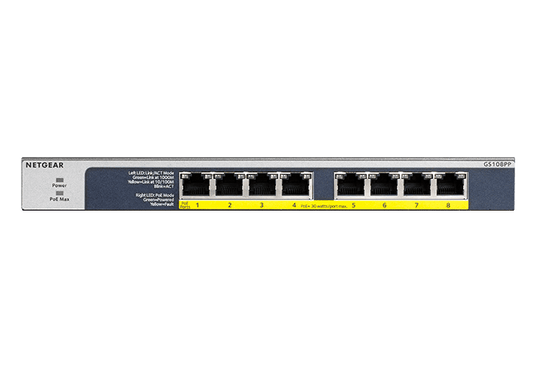 NETGEAR (GS108PP) 8-PORT UNMANAGED SWITCH, POE+(8) 123W, LIFE WTY