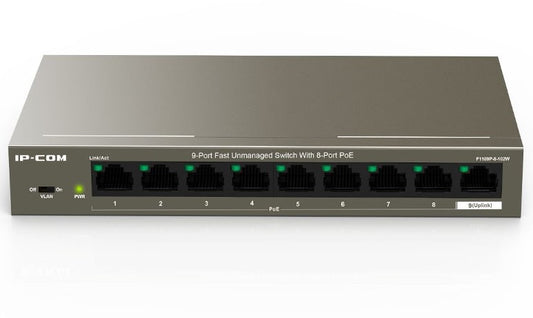 IP-COM (F1109P-8-102W) 9-Port 10/100Mbps Unmanaged PoE+ Switch with 8-Port PoE+, 6kv lightning protection