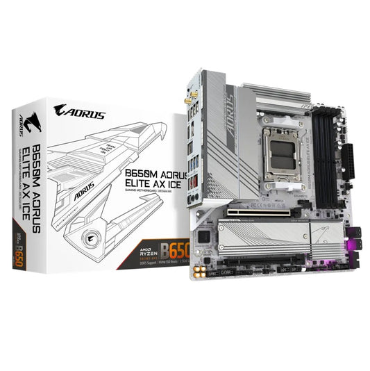 Gigabyte B650M AORUS ELITE AX ICE AMD B650 AM5 ATX Motherboard 4x DDR5~256GB,1x PCIe x16, 2x M.2, 4x SATA 6Gb/s, 2x USB 3.2, 1x USB-C, 4x USB 2.0