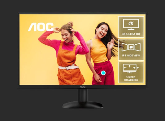 AOC 27 4K 3840 x 2160 (UHD), IPS 60Hz, 4ms, HDR10,Low Blue Mode,HDMI 2.0 2, DisplayPort 1.4 1, Office and Home Monitor