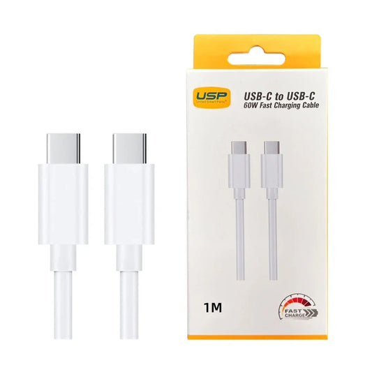 USP USB-C to USB-C 60W Mini Cable (1M) White - 3A, Fast Charge, High Performance, Durable, 8K Bend, Samsung Galaxy,Apple iPhone,iPad,MacBook,Google