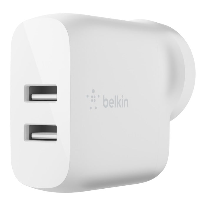 Belkin BoostCharge 24W Dual USB-A Wall Charger - White (WCB002auWH), 2xUSB-A (12W), Dual Port Fast charger, Safe & Efficient, 2 Years Warranty
