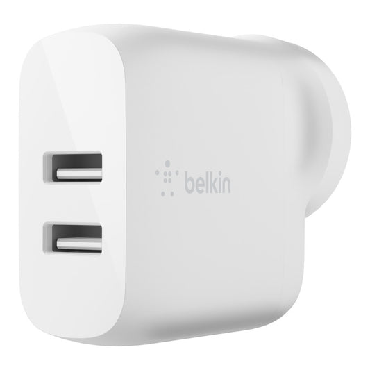 Belkin BoostCharge 24W Dual USB-A Wall Charger - White (WCB002auWH), 2xUSB-A (12W), Dual Port Fast charger, Safe & Efficient, 2 Years Warranty