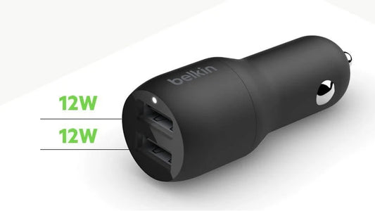Belkin BoostCharge Dual USB-A Car Charger 24W - Black (CCB001btBK), 2x USB-A (12W), Dual Port Fast & Compact Charger, $2,500 CEW, 2 Years Warranty