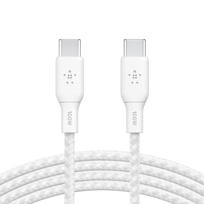 Belkin BoostCharge Braided USB-C to USB-C Cable (3M) - White (CAB014bt3MWH),100W,480Mbps,USB 2.0, 30K+ Bends, Samsung Galaxy,MacBook,2 Years Warranty