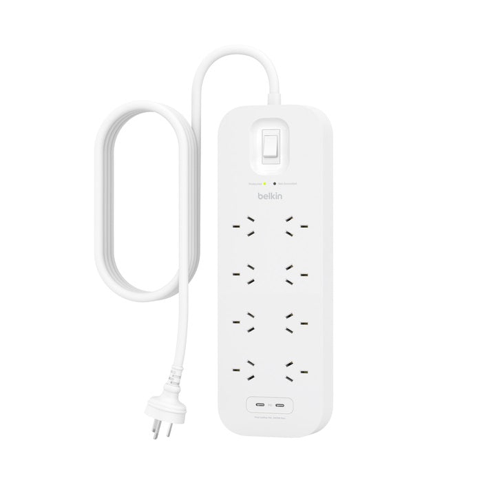 Belkin Connect 8-Outlet Surge Protector with Dual USB-C 30W Ports - White (SRB004AU2M), 2M Cord, 900 Joules Protection, CEW $70,000, 2 Years Warranty