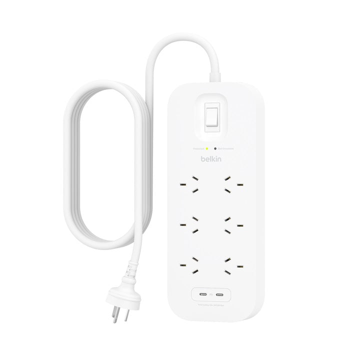 Belkin SurgePro 6-Outlet Surge Protector with Dual USB-C 30W Ports - (SRB006AU2M), 2M Cord, 650 Joules Protection, CEW $50,000, 2 Years Warranty