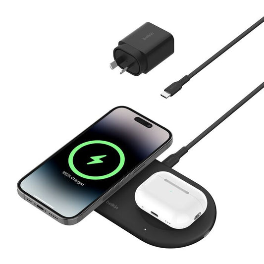 Belkin BoostCharge Pro 2-in-1 Magnetic Wireless Charging Pad 15W With Qi2 - Black (WIZ021auBK),30W USB-C PS,1.5m USB-C to USB-C Cable,2 Years Warranty