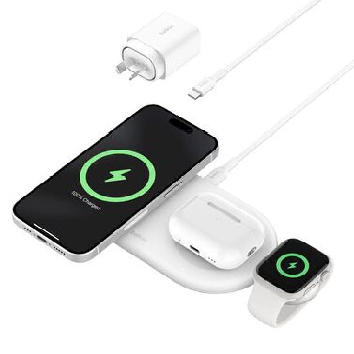 Belkin BoostCharge Pro 3-in-1 Magnetic Qi2 Wireless Charging Pad - White (WIZ022auWH), 15W, 2 Years Warranty