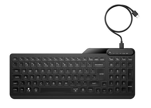 HP 405 Multi-Device Backlit Wired Keyboard Removable USB-C¬Æ cable with USB-A Slim Full-size Numpad LED light Multi-OS compatible 150cm Cable Black