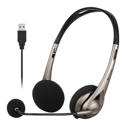 Verbatim Multimedia Headset with Boom Mic Headphone, Volume Control, USB 3.0 ‚Äì Grey ‚Äì School, Office, Business. Retail Pack