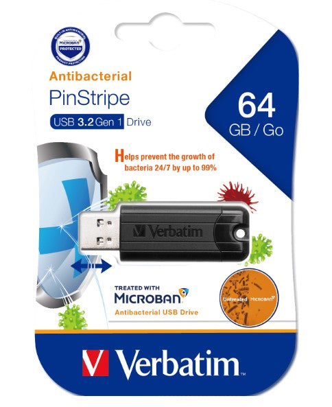 (LS)Verbatim 64GB Antibacterial Pinstripe USB 3.0 Drive (with Microban¬Æ) Black