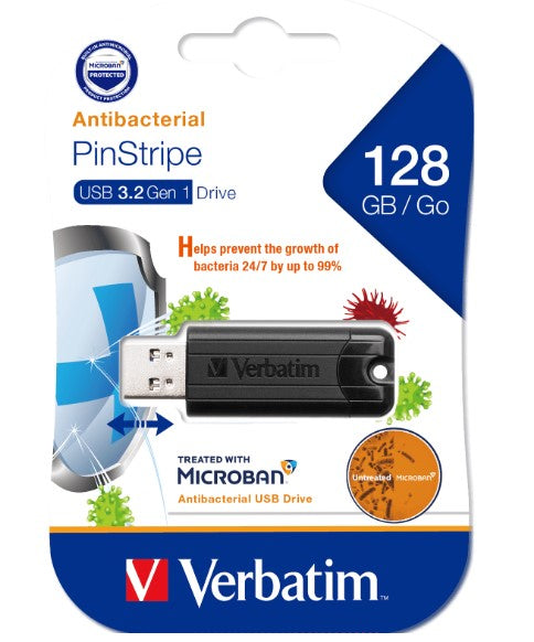Verbatim 128GB Antibacterial Pinstripe USB 3.0 Drive (with Microban¬Æ) Black