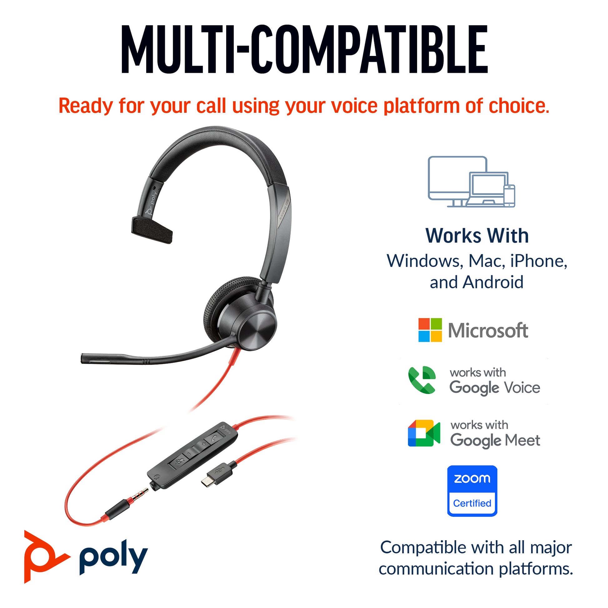 HP Poly Blackwire 3315 Monaural Microsoft Teams Certified USB-C Headset +3.5mm Plug +USB-C/A Adapter product image