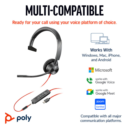 HP Poly Blackwire 3315 Monaural Microsoft Teams Certified USB-C Headset +3.5mm Plug +USB-C/A Adapter product image