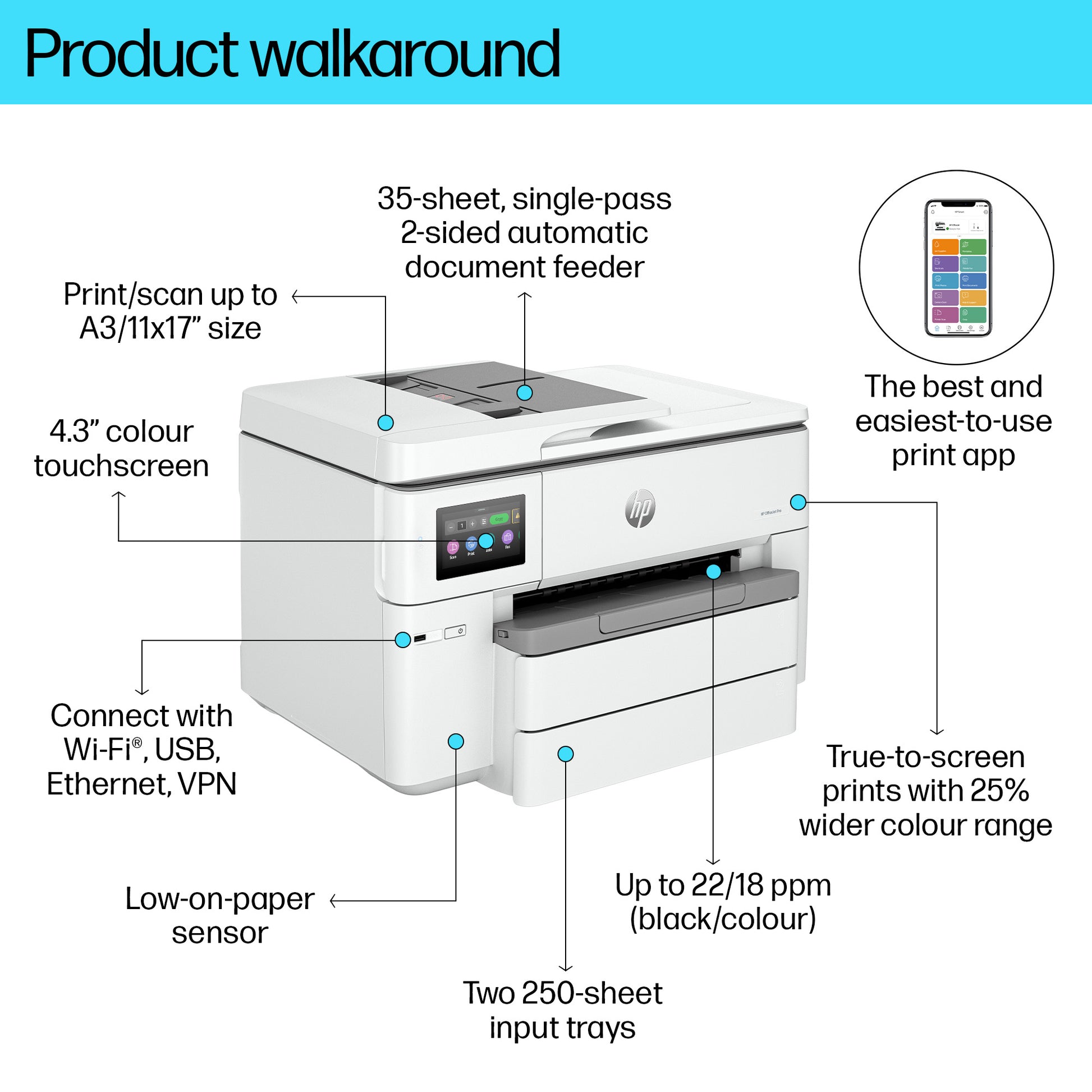 HP OfficeJet Pro 9730e Wireless All-in-One Color Printer, Instant Ink; Two-sided printing