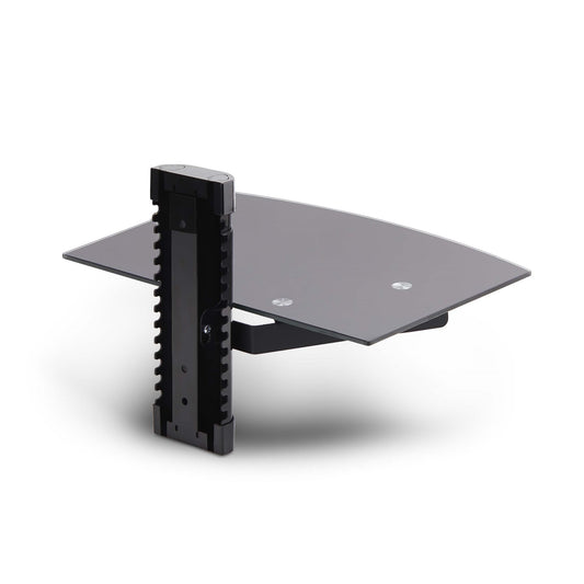 Star Tech Floating Wall-Mounted AV Shelf, Adjustable Height Shelf For Under TV, Organize A/V Equipment On Black Tempered Glass Shelf