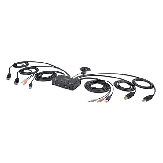 Star Tech 2-Port Dual-Monitor DisplayPort Cable KVM Switch, 4K 60Hz, Compact KVM with 5ft/1.5m USB-A/DisplayPort/Audio Integrated Cables, Bus Powered - Remote Push Button/Hotkey Switching