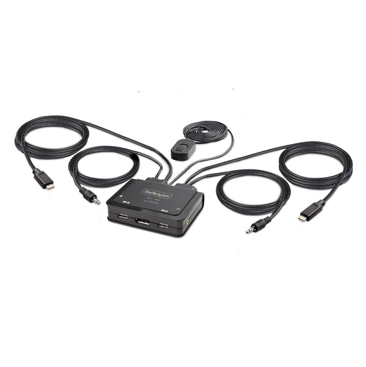 Star Tech 2-Port USB-C Cable KVM Switch, 4K 60Hz DisplayPort Output, Compact KVM with 4ft/1.2m USB Type-C/Audio Integrated Cables, Bus Powered - Remote Push-Button/Hotkey Switching