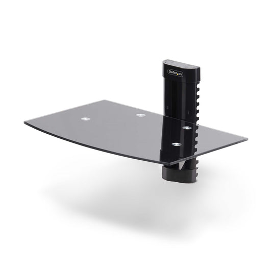 Star Tech Floating Wall-Mounted AV Shelf, Adjustable Height Shelf For Under TV, Organize A/V Equipment On Black Tempered Glass Shelf