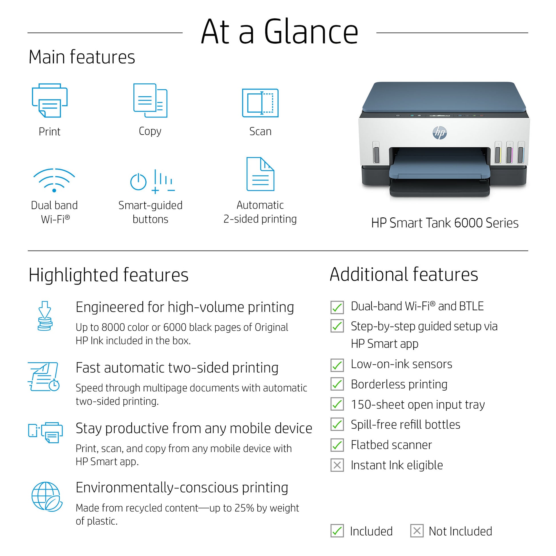 HP Smart Tank 6005 Wireless All-in-One Color Printer, Copier, Scanner