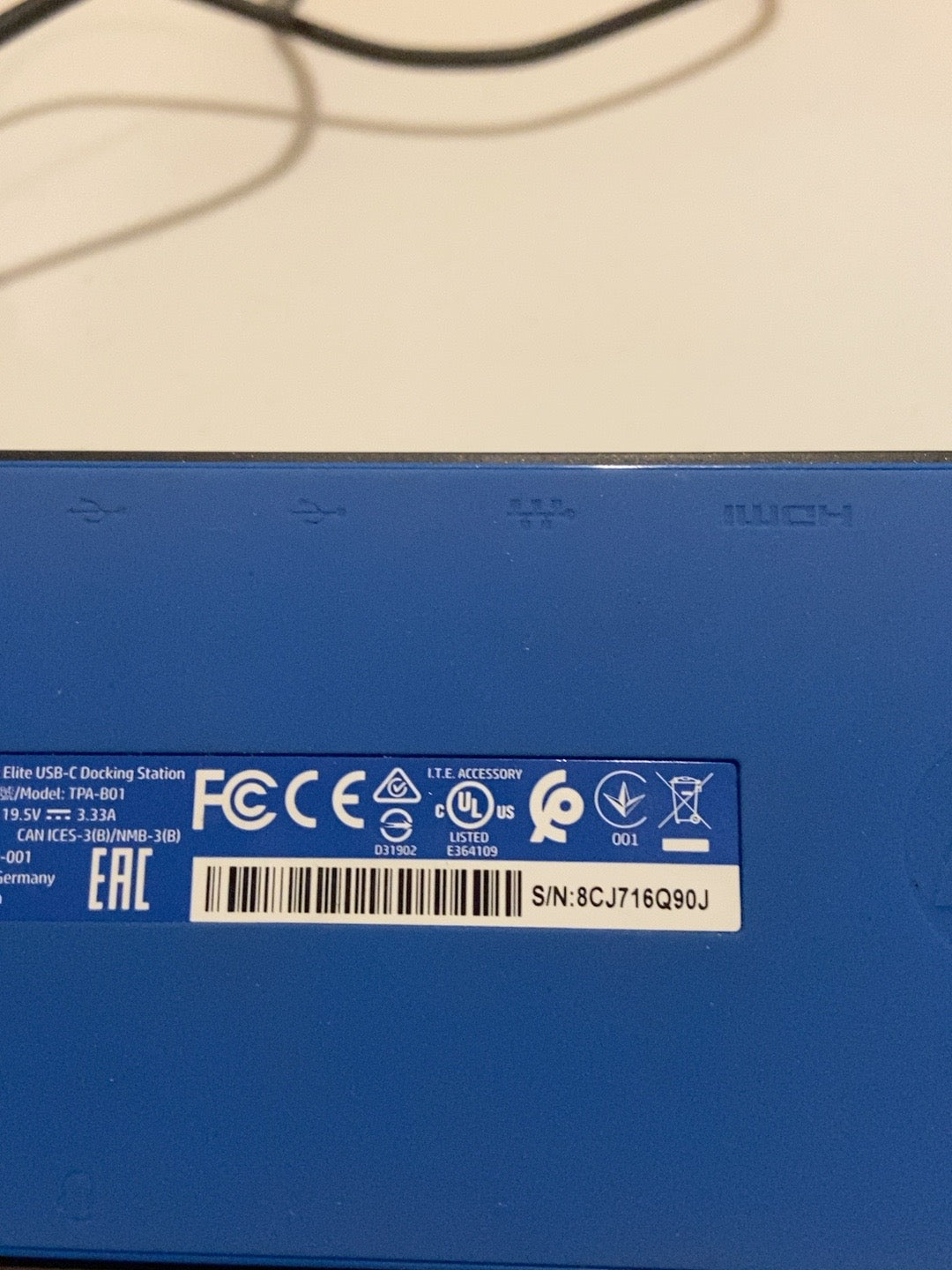 HP Elite USB-C Docking Station TPA-B01 label