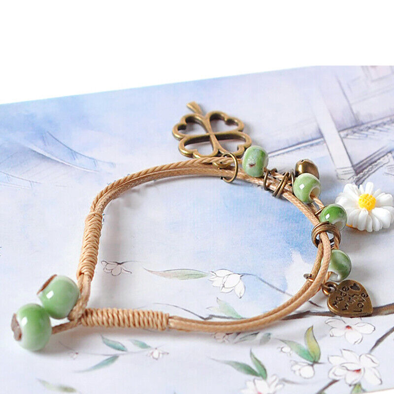 Ceramic Beaded Bracelet with Flower Pendant on Waxed Thread Rope – Ideal Birthday Gift