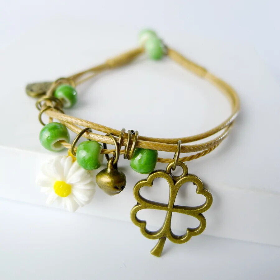 Ceramic Beaded Bracelet with Flower Pendant on Waxed Thread Rope – Ideal Birthday Gift