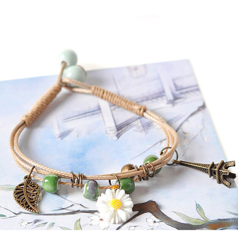 Ceramic Beaded Bracelet with Flower Pendant on Waxed Thread Rope – Ideal Birthday Gift