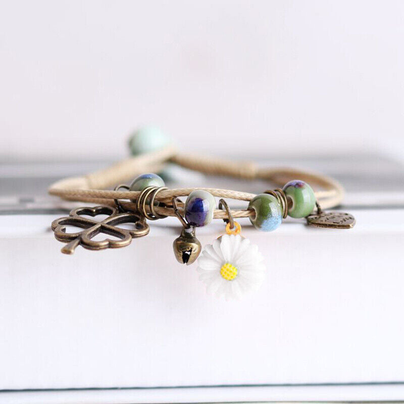 Ceramic Beaded Bracelet with Flower Pendant on Waxed Thread Rope – Ideal Birthday Gift