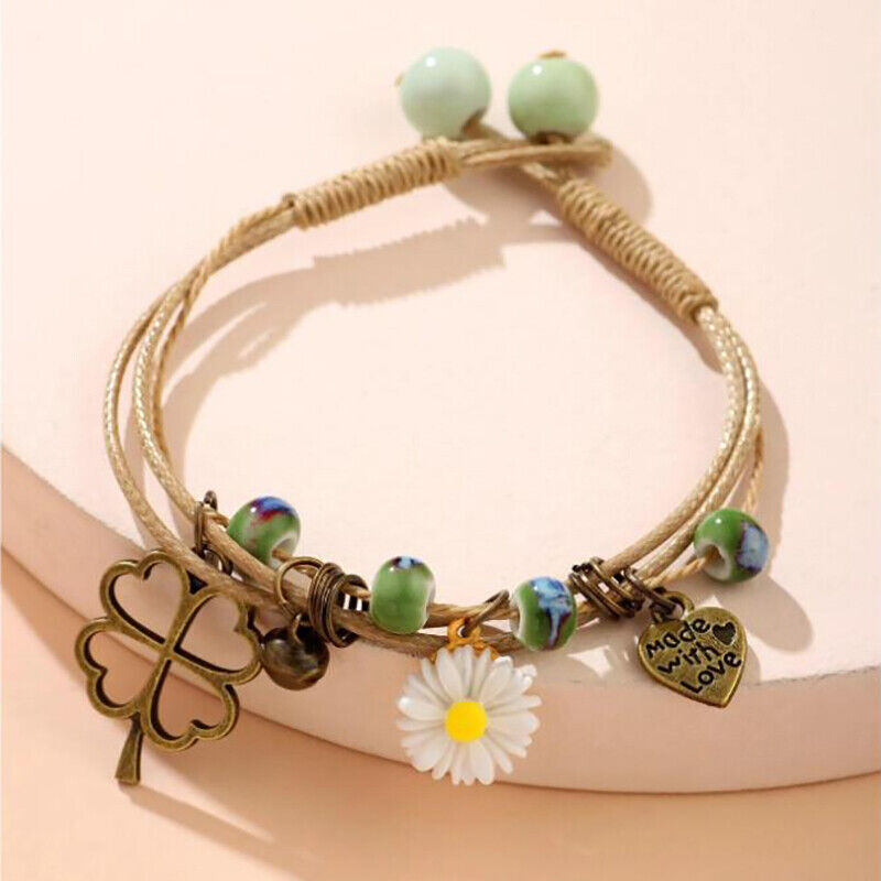 Ceramic Beaded Bracelet with Flower Pendant on Waxed Thread Rope – Ideal Birthday Gift