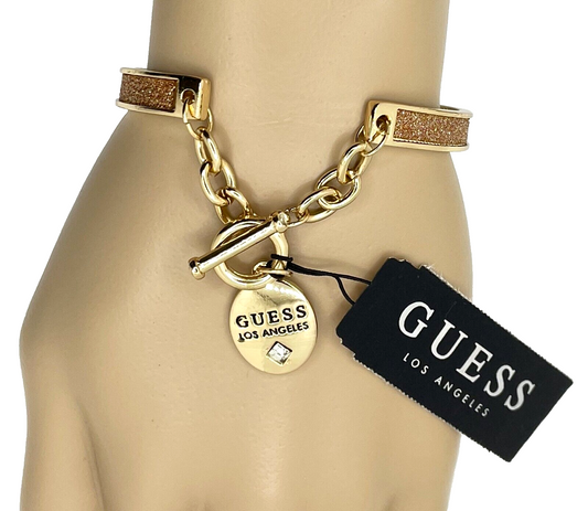 GUESS • Authentic Gold Fashion Bangle Bracelet with Logo Charm • Brand New with Tags