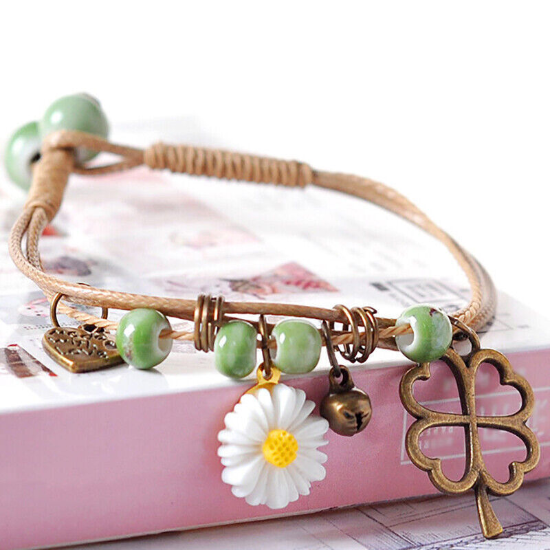 Ceramic Beaded Bracelet with Flower Pendant on Waxed Thread Rope – Ideal Birthday Gift