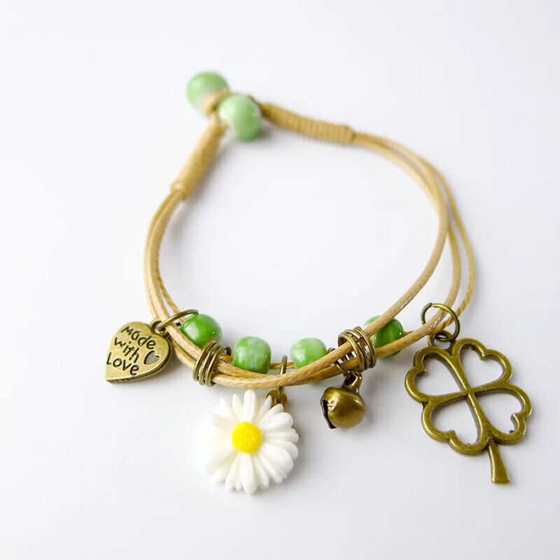 Ceramic Beaded Bracelet with Flower Pendant on Waxed Thread Rope – Ideal Birthday Gift