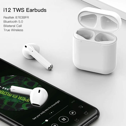 TWS i12 Wireless Bluetooth 5.0 Earbuds – Stereo Sound, Auto Pairing, Charging Case – White | Brand New